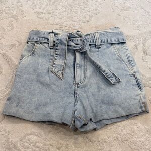 Express Light Blue Denim Paperbag Tie-Waist Shorts - Women